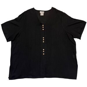 Liz Baker Essentials Black Linen Blend Short Sleeve Button Front Top Size 5X